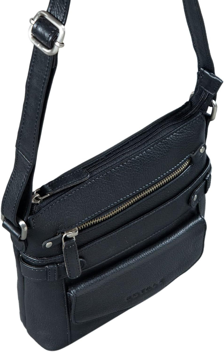 ROYALZ 'Madison' Vintage Handtasche Damen schwarz Umhängetasche klein kompakte Ledertasche, Schwarz