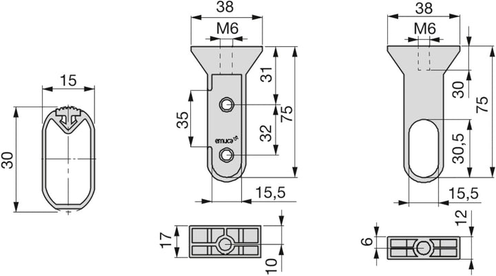 Emuca - Kit ovale Kleiderschrankstange 1150mm und Stützen, Matt eloxiert, 2 Stück L1150 mm Ovalrohr