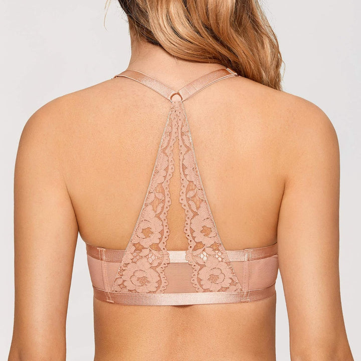 DOBREVA Damen Vorderverschluss BH mit Bügel Push Up Spitzen Neckholder BHS Racerback Tiefer Ausschni