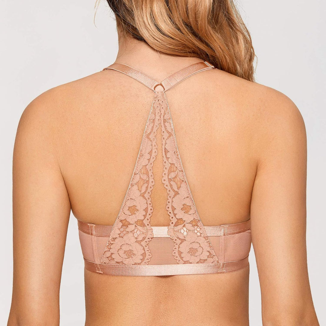 DOBREVA Damen Vorderverschluss BH mit Bügel Push Up Spitzen Neckholder BHS Racerback Tiefer Ausschni