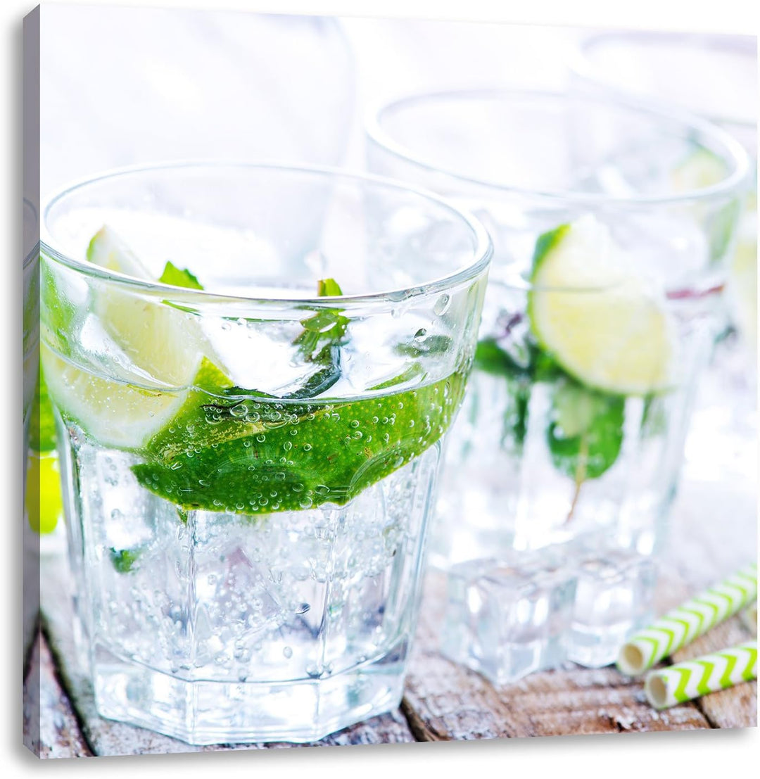 Mojito-Gläser mit Minze, Format: 70x70 auf Leinwand, XXL riesige Bilder fertig gerahmt mit Keilrahme