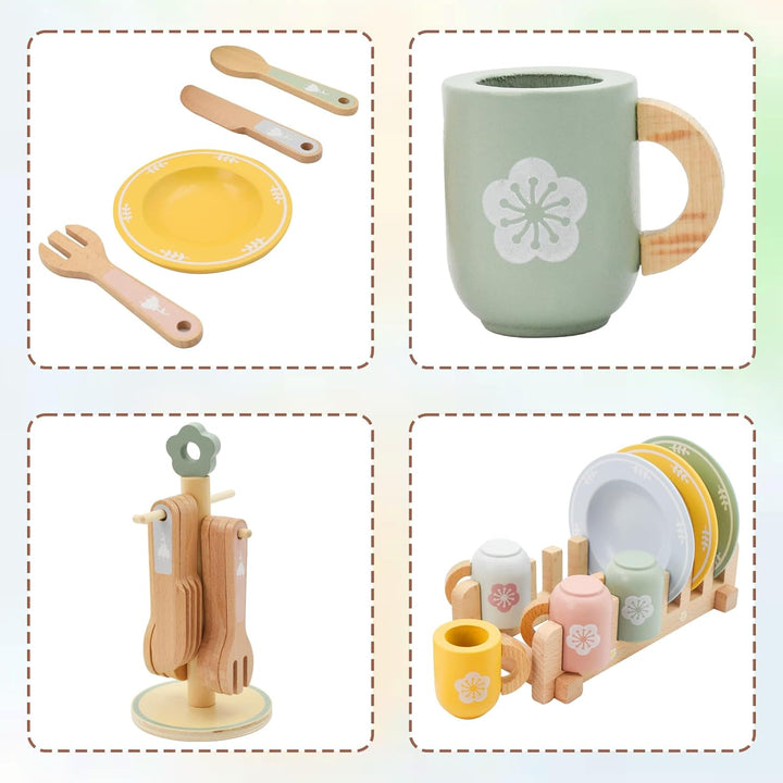Kinderküche zubehör Holz, Aolkee Holz Spielzeug Küchengeschirr Set, Kleinkind Küche Set, küchenzubeh