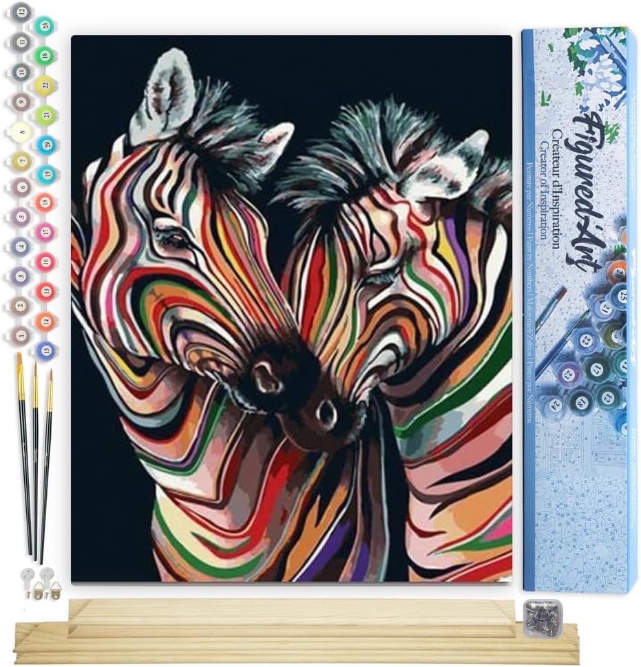 Figured'Art Malen Nach Zahlen Erwachsene Mit Rahmen Buntes Zebrapaar - Paint by Numbers Basteln DIY