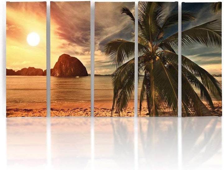 Feeby Frames, Leinwandbild Bilder Wand Bild - 5 Teile - Wandbilder Kunstdruck (PALME, SONNENUNTERGAN