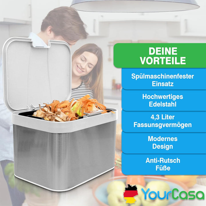 YourCasa® Biomülleimer Küche 4,3 L aus Edelstahl - geruchsdichter Bio Mülleimer mit Deckel & spülmas