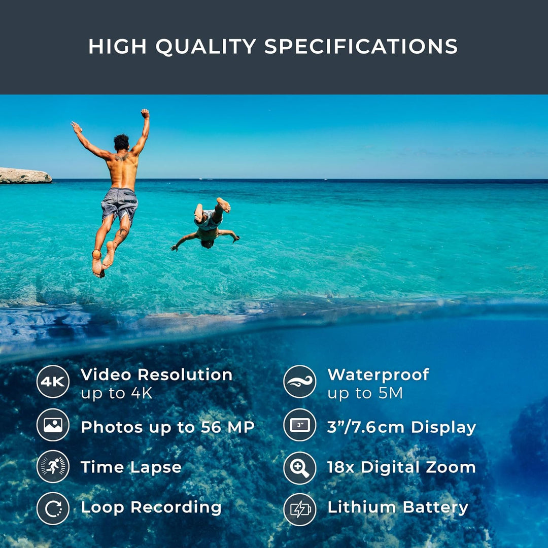 Aquapix WDV5630 Unterwasser-Camcorder, Echtes 4K-Video, Bis zu 56MP, 18x Digital-Zoom, 3" Display, B
