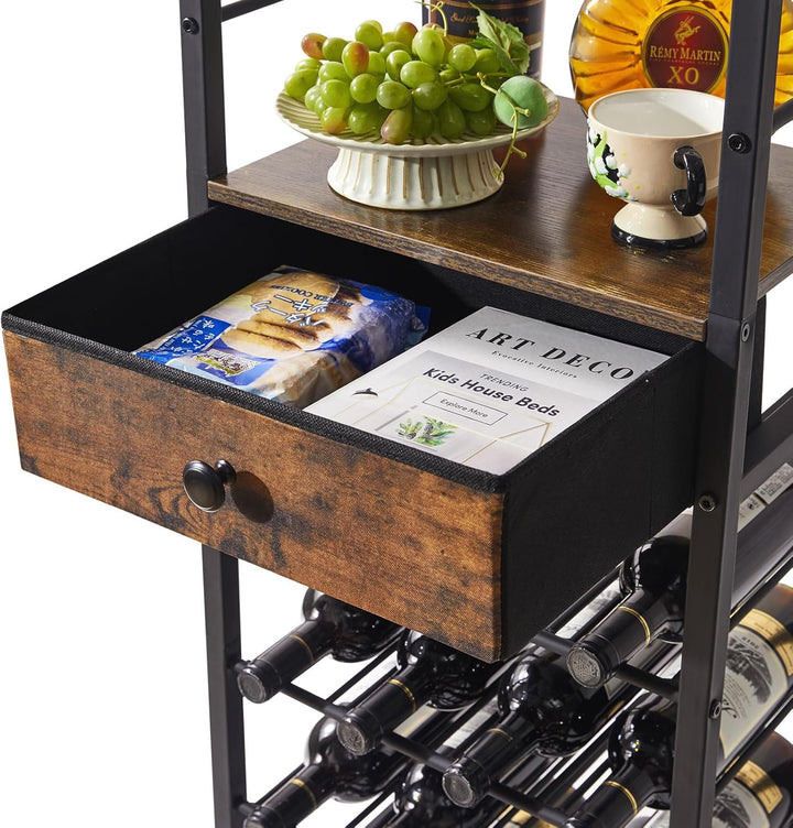 IBUYKE Weinregal, 4-Lagiges Freistehendes Weinregal Mit Glashalter Und Schublade, 16 Flaschenregal C