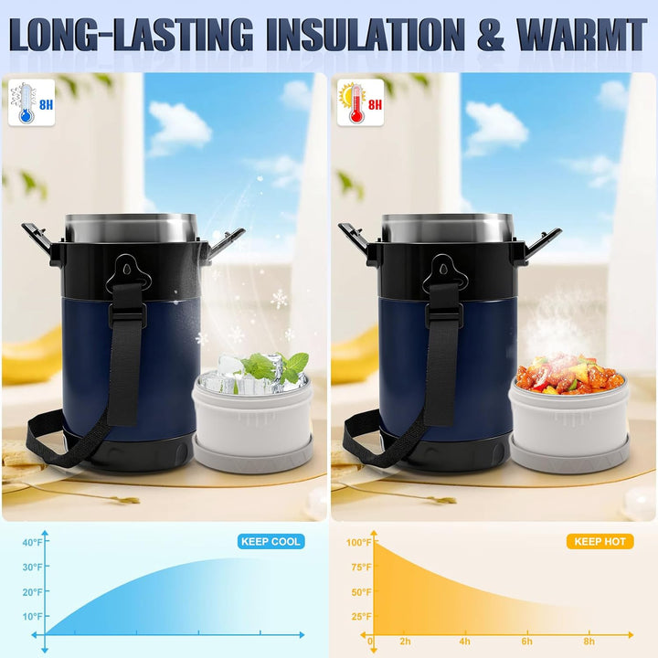 Thermobehälter Essen mit 4 Einzelnen Trennbehältern, Isolier-Lunchbox Edelstahl 2.6L, Auslaufsicher,