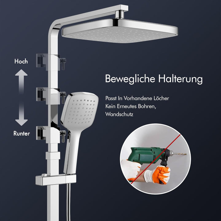 HOMELODY Duschsystem mit Thermostat & Duschablage Chrom - Duscharmatur Komplettset mit Handbrause &