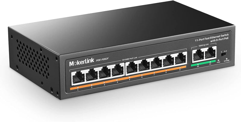 MokerLink 11 Port Poe Switch with 9 Port Poe+, 2 Fast Ethernet UpLink, 100Mbps, 120W 802.3af/at Poe,