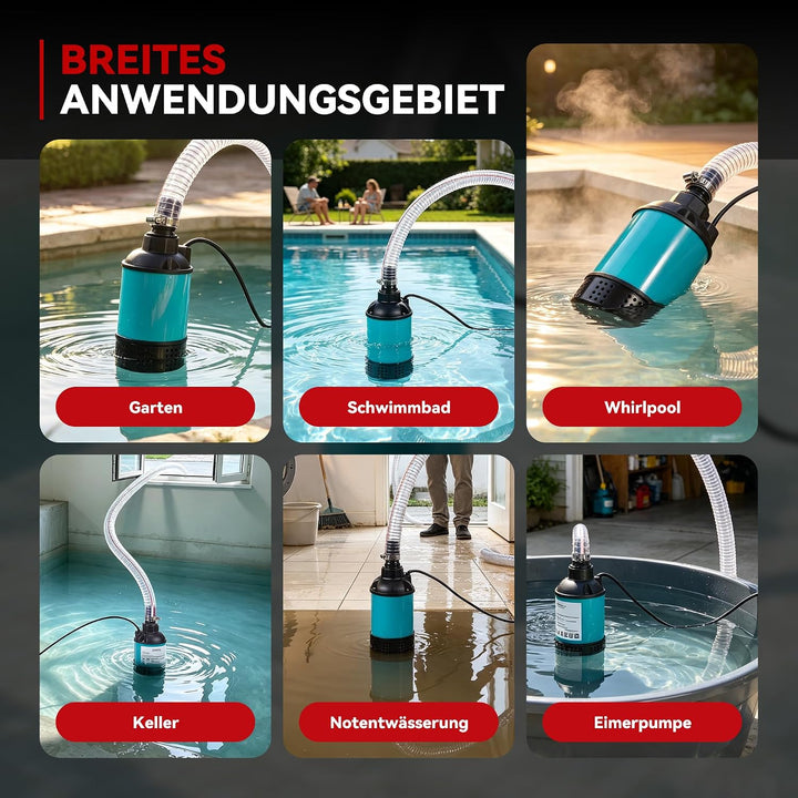 ONEVAN Akku Tauchpumpe mit 2x 3.0Ah Akku &amp; 2M Schlauch, 4164L/H Wasserpumpe