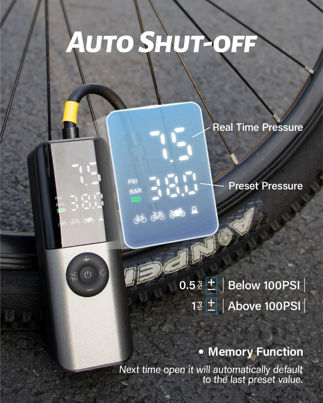 Elektrische Fahrradpumpe, Mini Fahrradpumpe 150PSI mit Digitales Druckmessgerät, Fahrradpumpen Elekt