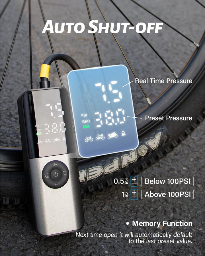 Elektrische Fahrradpumpe, Mini Fahrradpumpe 150PSI mit Digitales Druckmessgerät, Fahrradpumpen Elekt