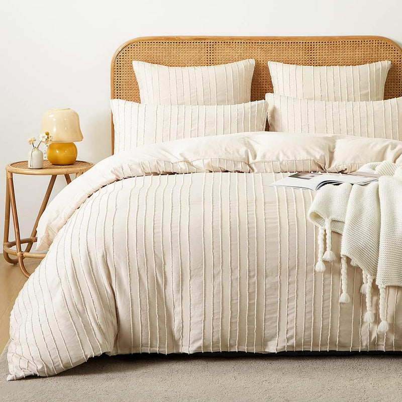 AShanlan Boho Bettwäsche 155x220 Beige Getuftet Stickerei Gestreift Bohemian Style Bettbezug Super W