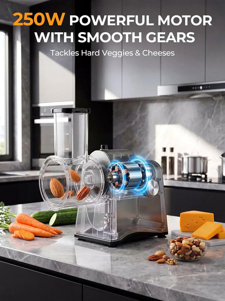 FOHERE Gemüseschneider Elektrisch Verbesserte, 6-in-1 | Gemüsehobel Elektrisch Reibe für Blockkäse,
