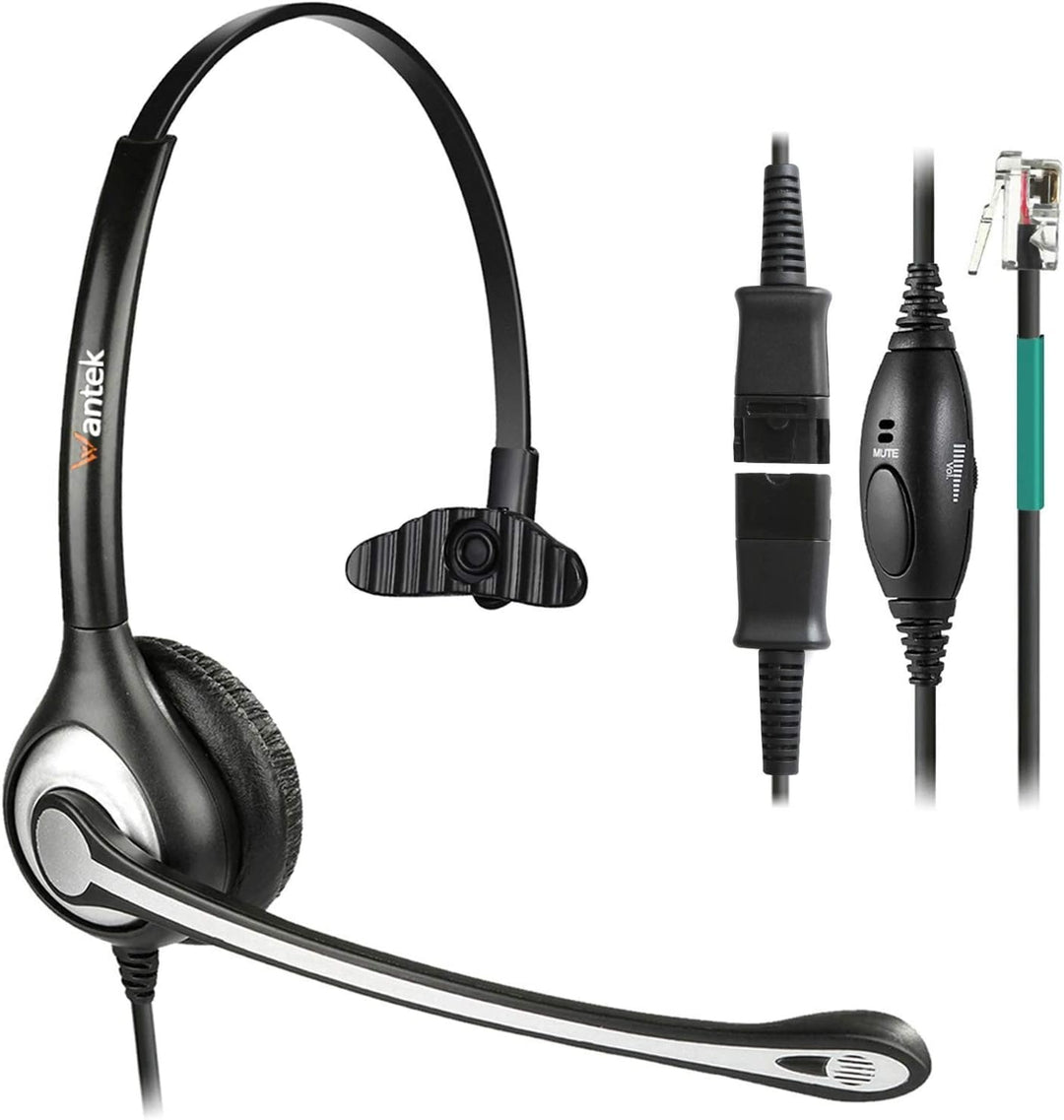 Wantek Telefon Headset Mono mit Noise Cancelling Mikrofon, Quick Disconnect, Call Center Kopfhörer f