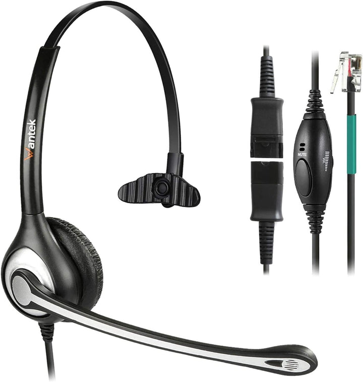 Wantek Telefon Headset Mono mit Noise Cancelling Mikrofon, Quick Disconnect, Call Center Kopfhörer f