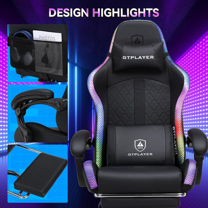 GTPLAYER Gaming Stuhl, Bürostuhl, Gaming Chair mit Lautsprecher und Lichtleiste, Gamer Stuhl, Rücken