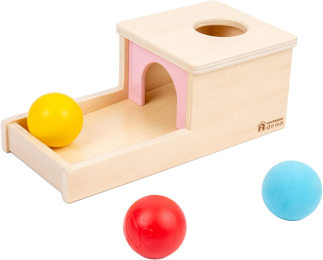 Adena Montessori Objektpermanenz Box mit Tablett DREI Bälle Montessori-Spielzeug für 6-12 Monate Bab
