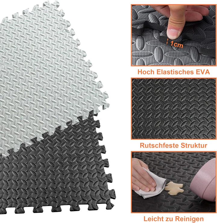 16PCS Bodenschutzmatten Sportgeräte-Matten 50X50X1cm mit Randstücken, 5㎡ rutschfest Eva Fitnessmatte