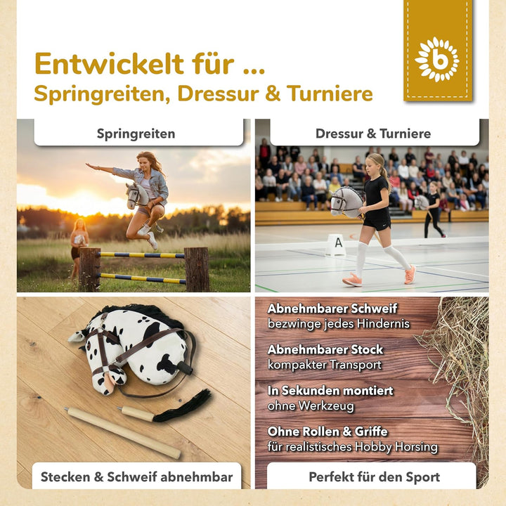 Bieco Hobby Horse Steckenpferd Schecke - Grösse M, mit Trense | Abnehmbarer Stock &amp; Schweif, für Spr