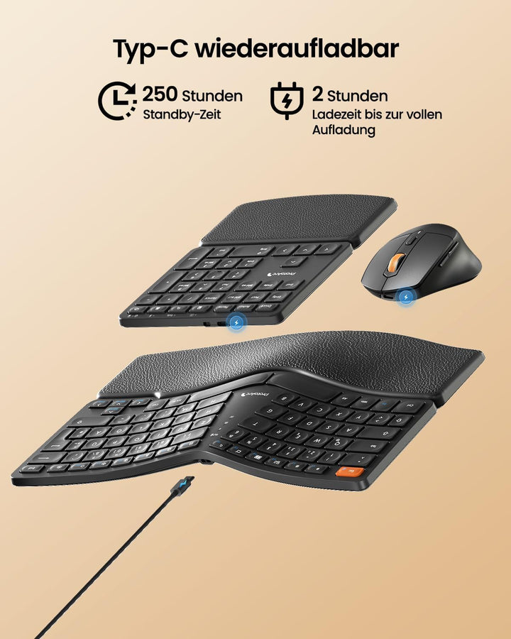 ProtoArc Ergonomische Tastatur Maus Set, EKM04 2,4 GHz Kabellos Ergo Tastatur Maus, Separater Ziffer