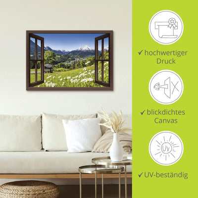 Artland Leinwandbild Wandbild Bild auf Leinwand 70x50 cm Wanddeko Fensterblick Fenster Alpen Landsch