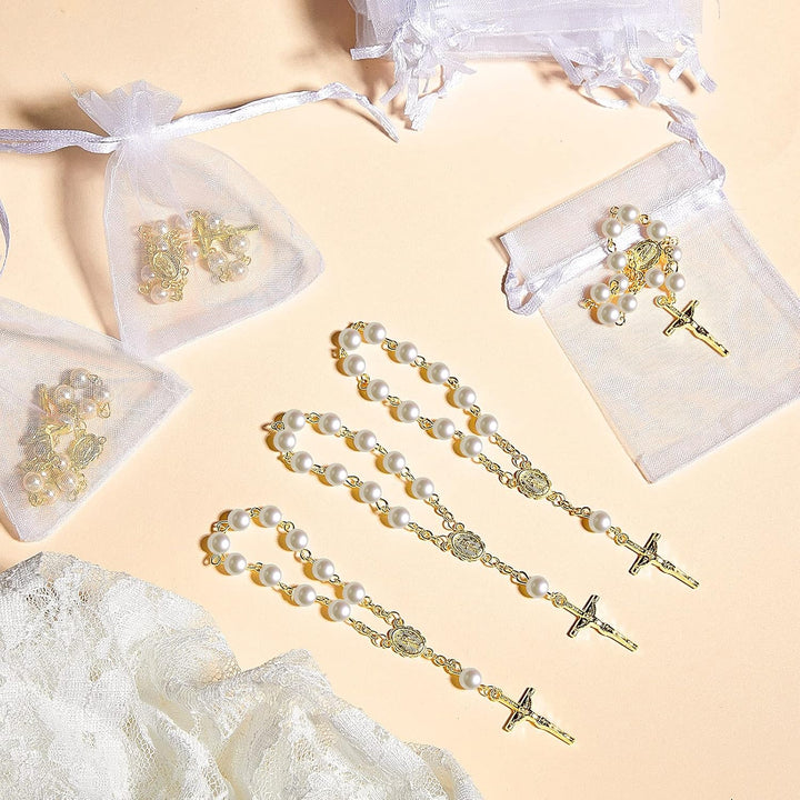 Junkin 30 Stück Taufrosenkranz Rosenkranz aus Acryl Elfenbeinfarbene Mini Fingertauf Rosenkränze Kun