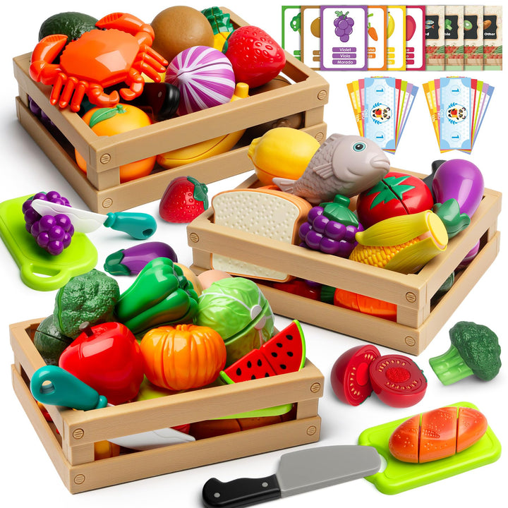 BunnyJOY Kinderküche Spielküche Zubehör, Kaufladen Kaufmannsladen Zubehör, Einkaufskorb Kinder, Gemü