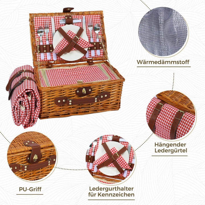 Picknickkorb Set für 2 Person mit Kühlfach und wasserdichte Picknickdecke, Abnehmbarer Riemen, Weinb