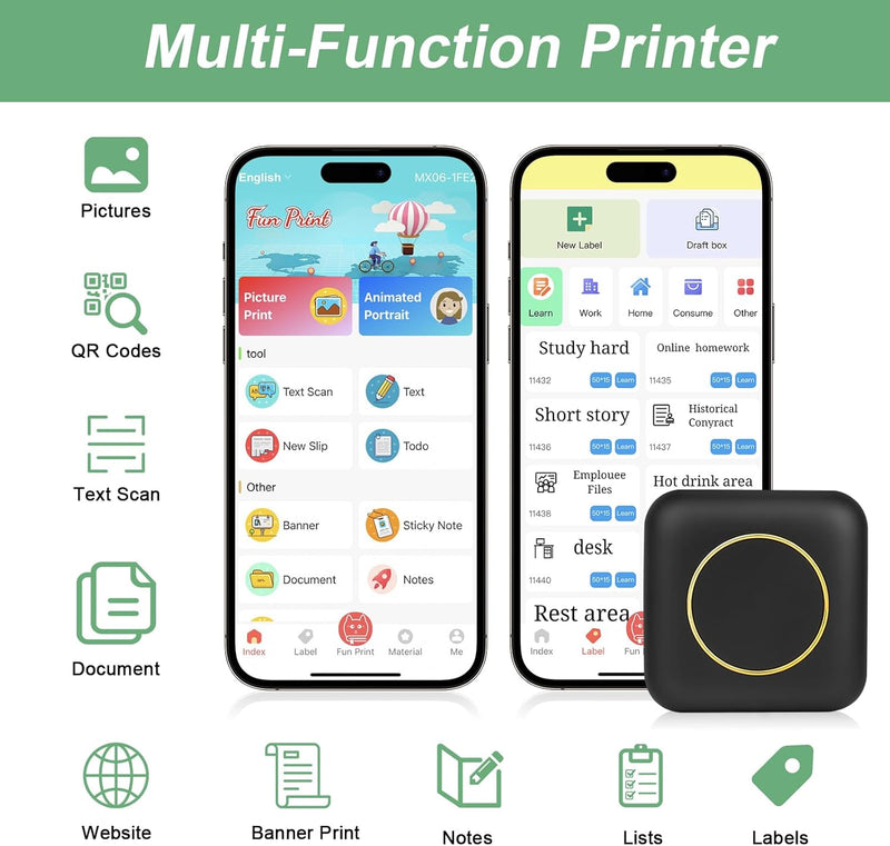 GuKKK Mini Drucker, Mobiler Fotodrucker, Tragbarer Mini Fotodrucker, Wireless Fotodrucker Thermodruc