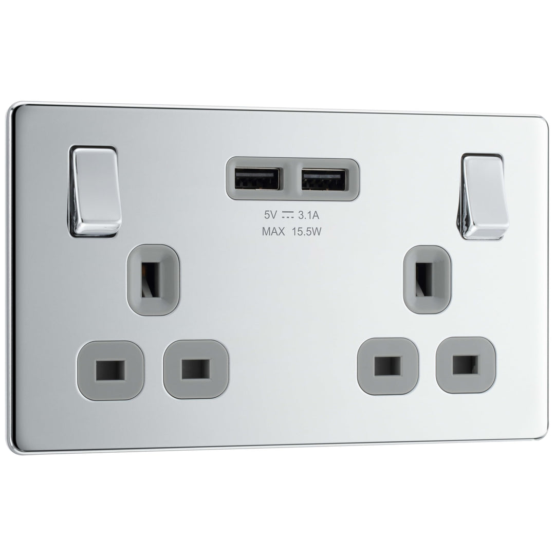 BG Electrical FPC22U3G, schraubenlose Flachplatte, poliert, Chrom, doppelt geschaltete, 13A-Steckdos