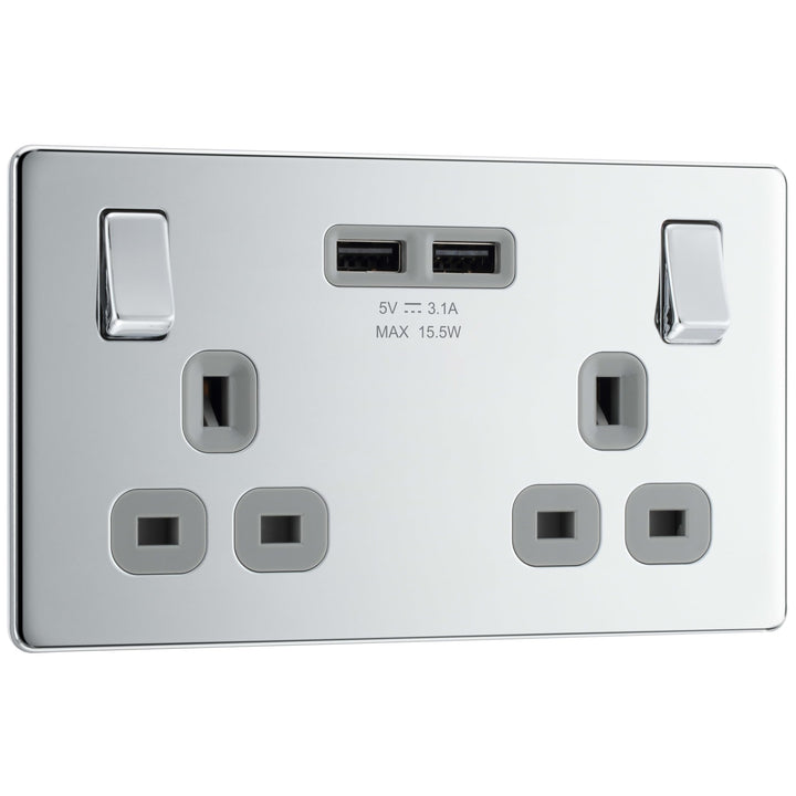 BG Electrical FPC22U3G, schraubenlose Flachplatte, poliert, Chrom, doppelt geschaltete, 13A-Steckdos