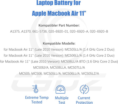 7,3 V 35Wh A1375 2010 Ver. Laptop Akku für Apple MacBook Air 11" A1370 (Ende 2010 Version) MC505LL/A