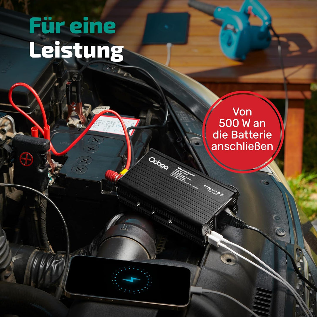Odoga Wechselrichter 12V auf 230V – 500W Spannungswandler, Stromwandler mit 3A USB-A & USB-C Anschlü
