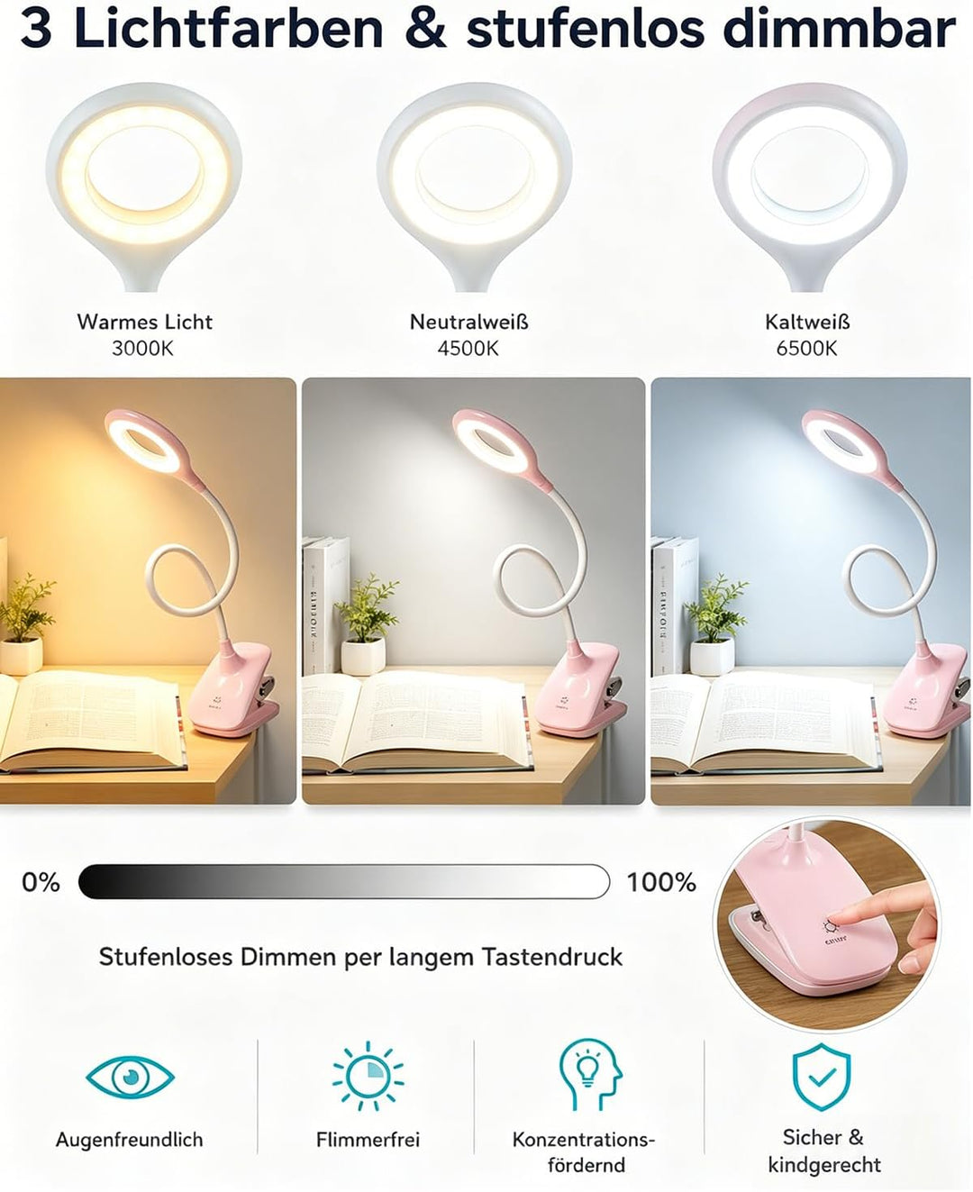 Klemmlampe Bett, LED Leselampe Bett Touch Dimmbar 3 Farben Bettlampe Klemmleuchte Augenschutz Schwan