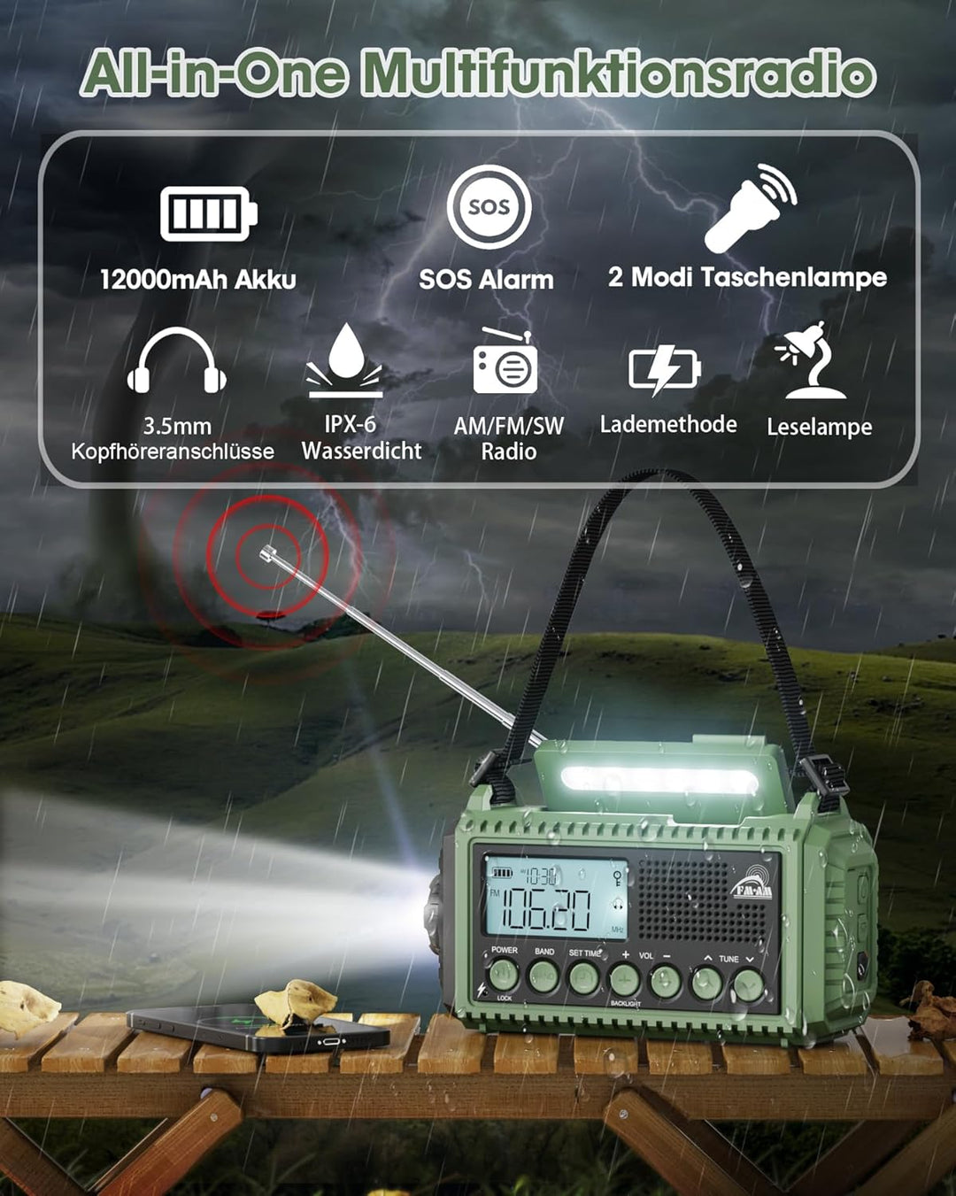 Roxicosly Kurbelradio Notfallradio AM/FM/SW Tragbares Solar Radio mit 12000mAh Akku, LCD Display,Tas