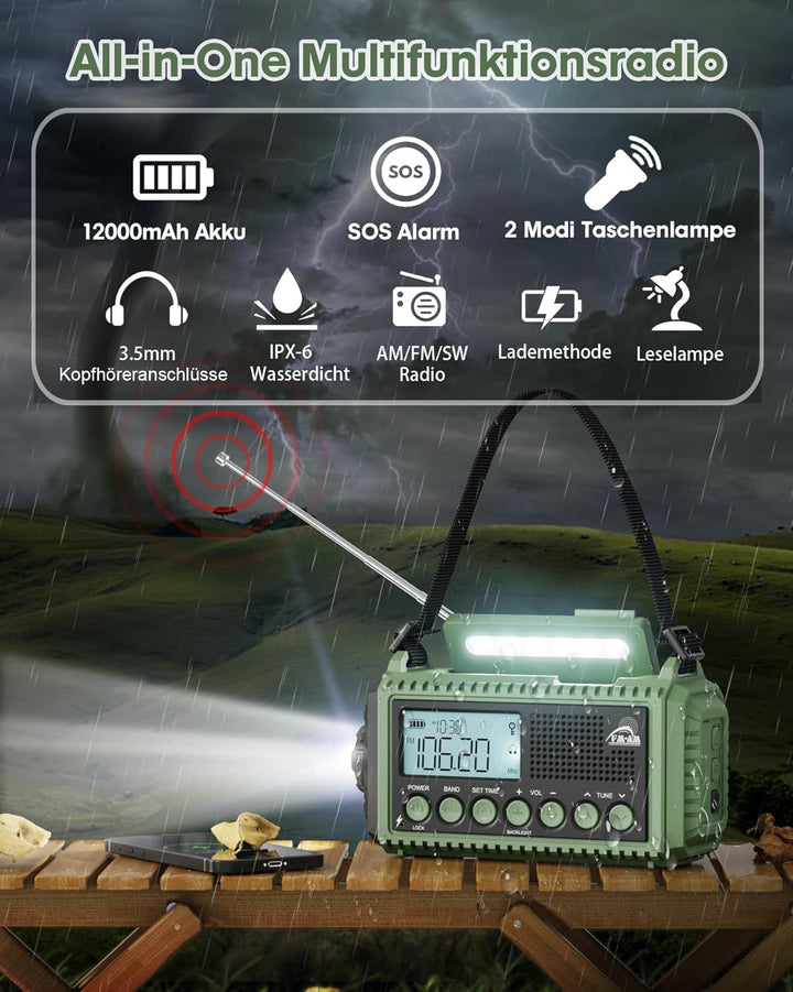 Roxicosly Kurbelradio Notfallradio AM/FM/SW Tragbares Solar Radio mit 12000mAh Akku, LCD Display,Tas