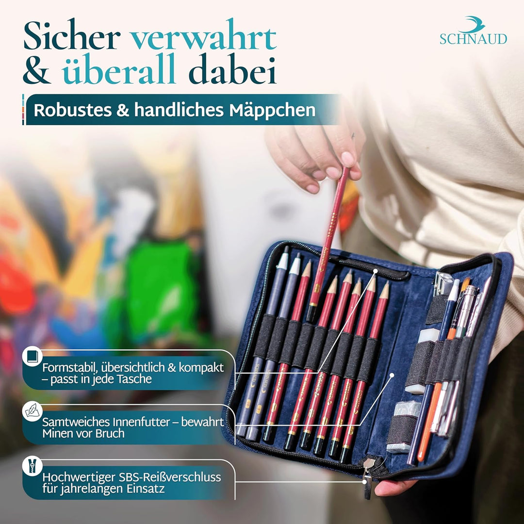 SCHNAUD Zeichenset für Anfänger mit Online-Kurs – 7 Bleistifte, 2 Kohlestifte und Zeichnen Zubehör,