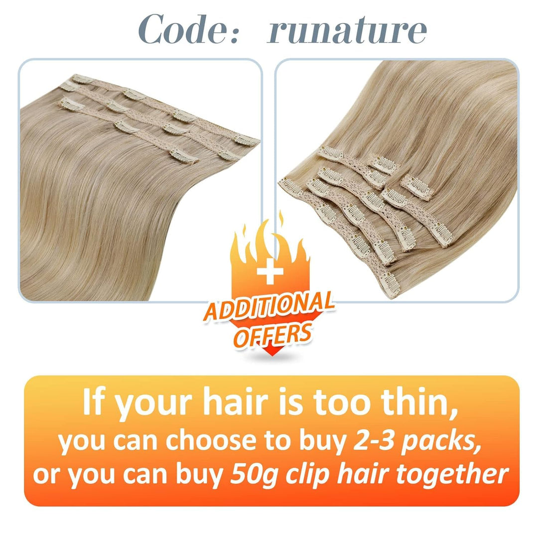 RUNATURE Clip in Extensions Echthaar Aschblond mit Goldblond 45cm 120g Echthaar Clip Extensions Remy