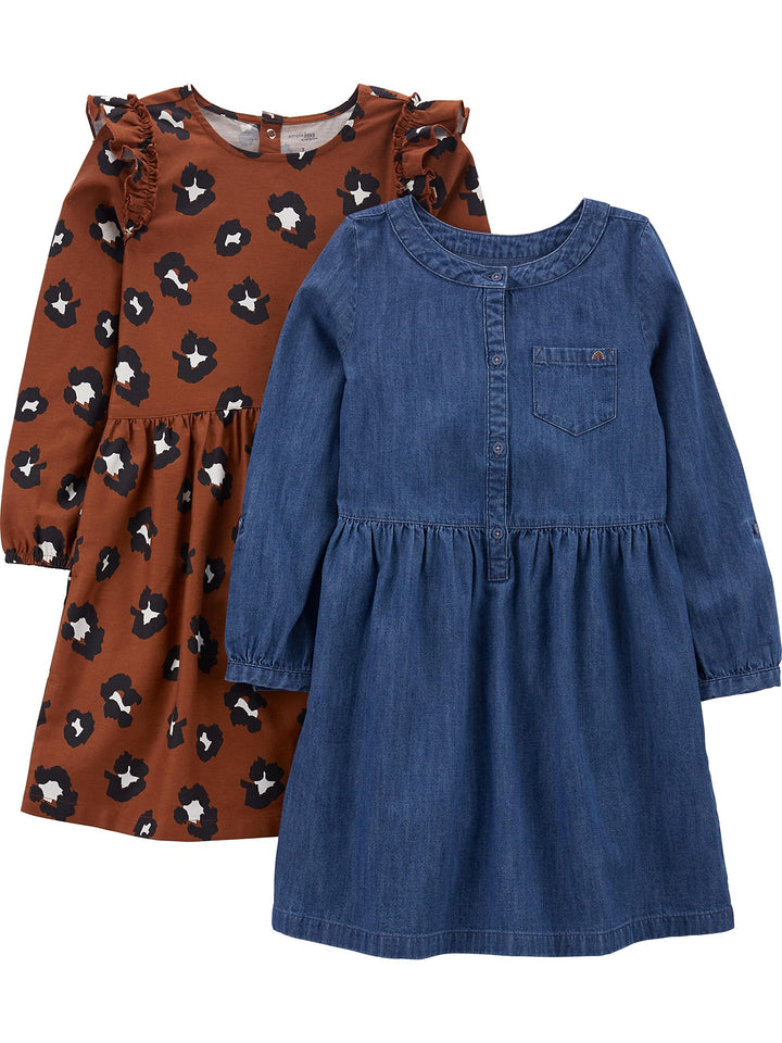 Simple Joys by Carter's Mädchen Freizeitkleid (2er Pack) 4-5 Jahre Braun Gepard/Dunkles Jeansblau, 4