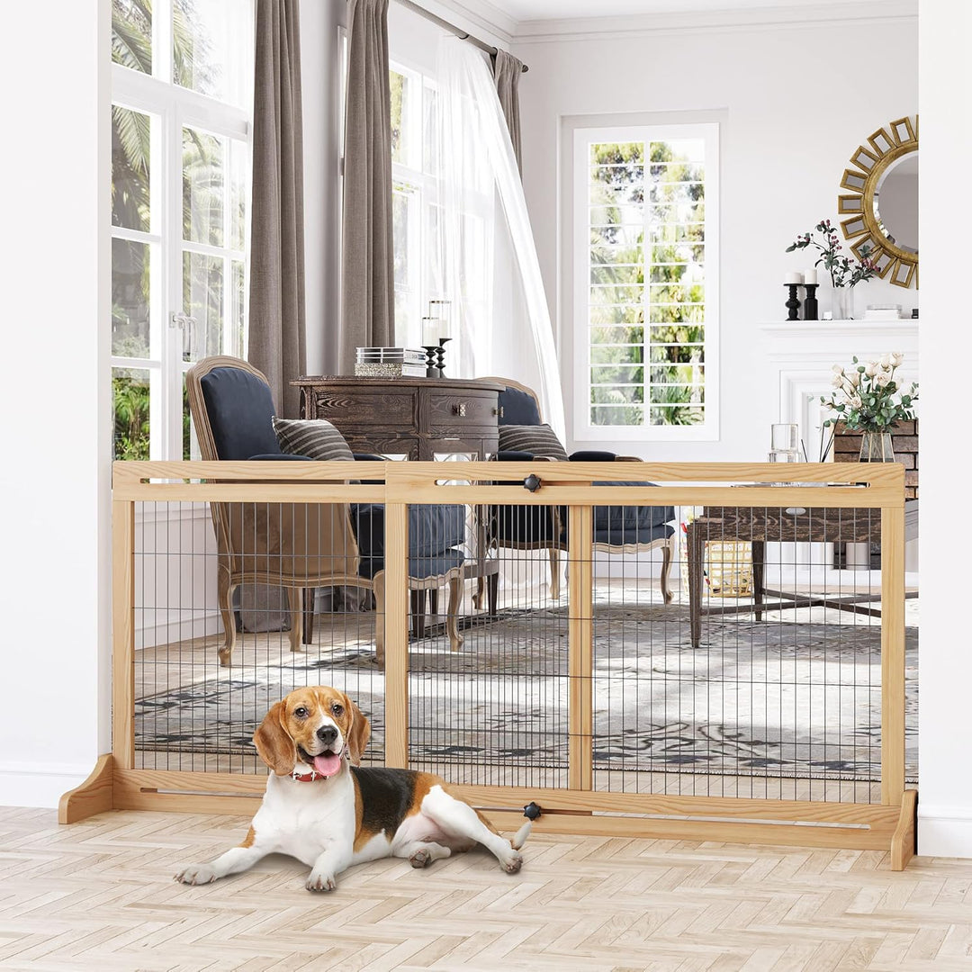 PawHut Hunde Absperrgitter aus Holz, Ausziehbares Türschutzgitter mit Fussstütze, Freistehendes Hund