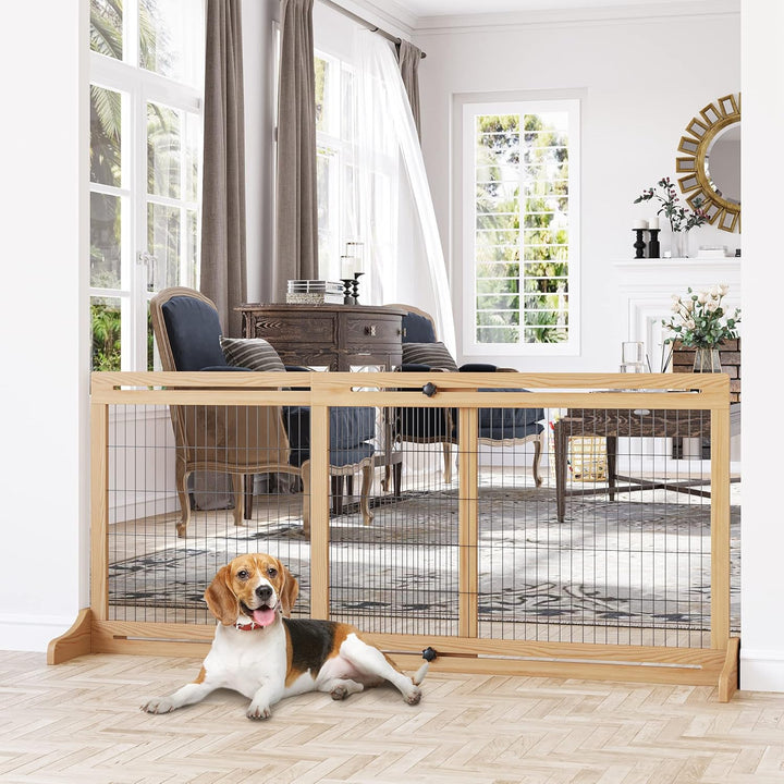 PawHut Hunde Absperrgitter aus Holz, Ausziehbares Türschutzgitter mit Fussstütze, Freistehendes Hund