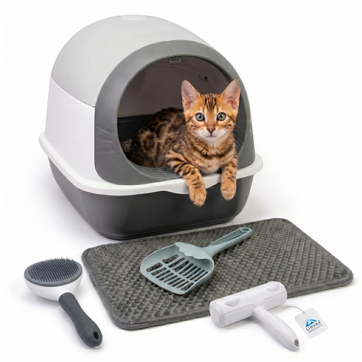 Starter Set Erstausstattung Katze 5-teilig – Katzenklo Grau inkl. Streuschaufel & Matte + Katzenbürs