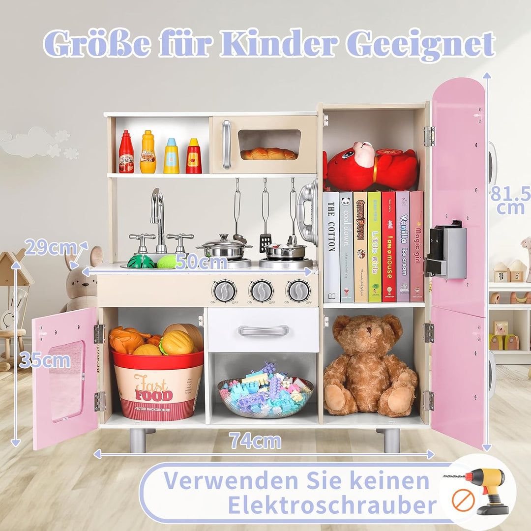 Clevich Puppenküche Holz, Kinderküche aus Holz, Spielzeugküche mit zubehör, inklusive Eismaschine, T