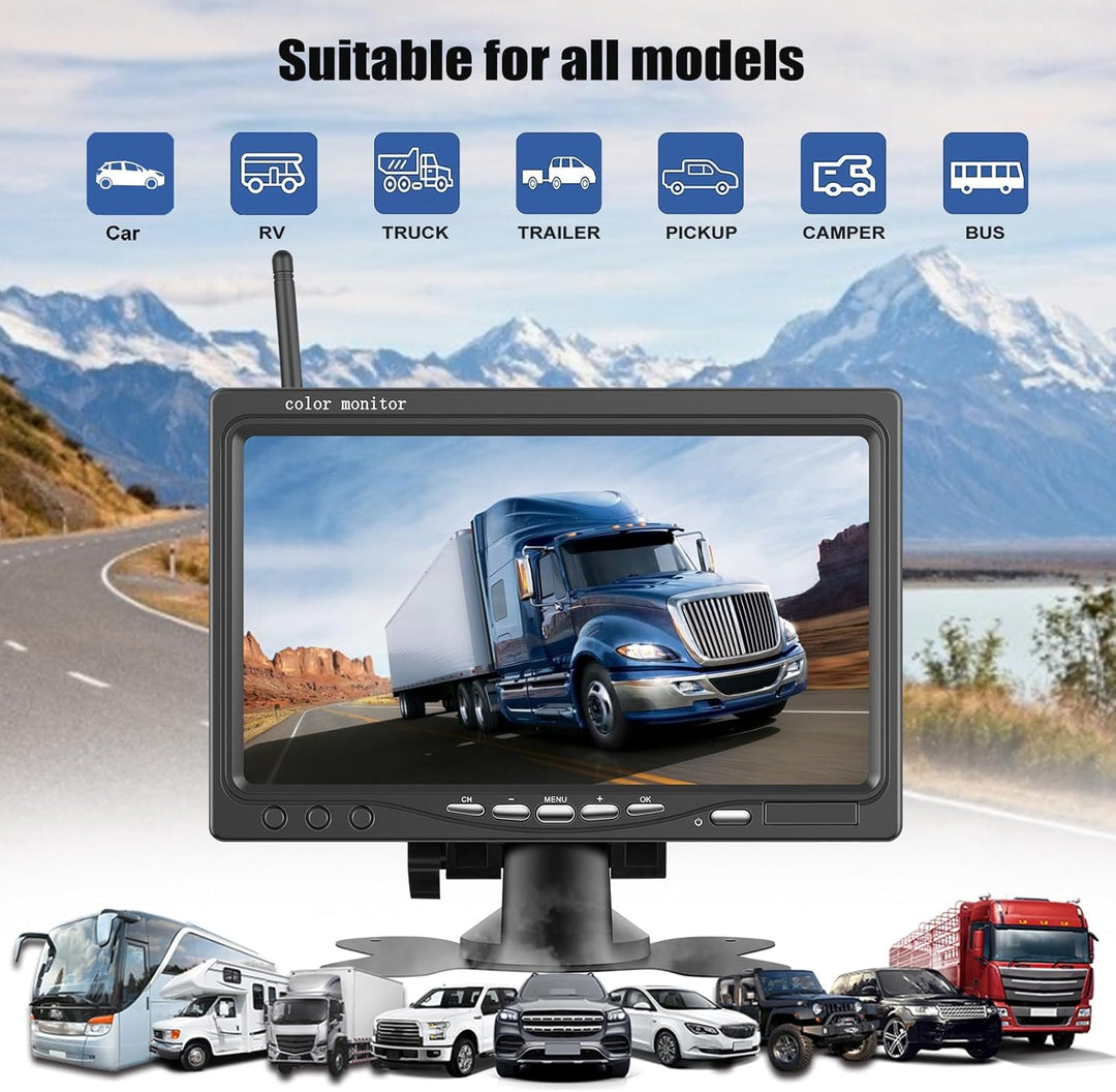 CAMECHO Rückfahrkamera Kabellos IP68 Wasserdicht Nachtsicht Weitwinkel Kamera mit 7 Zoll HD Monitor