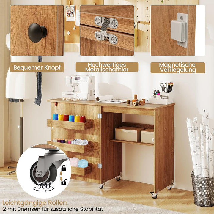 COSTWAY 2 in 1 Nähtisch klappbar, Nähmaschinenschrank aus Holz mit Regalen & Ablagefach, Nähschrank