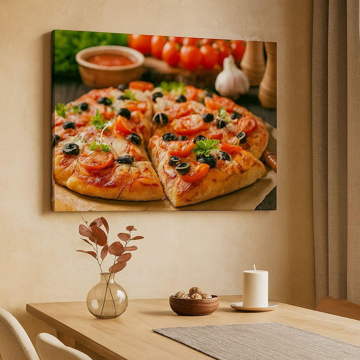 Bilder auf Leinwand 100x70cm Leinwandbild mit Rahmen Pizza Käse Tomaten Gross Wanddeko Bild Schlafzi