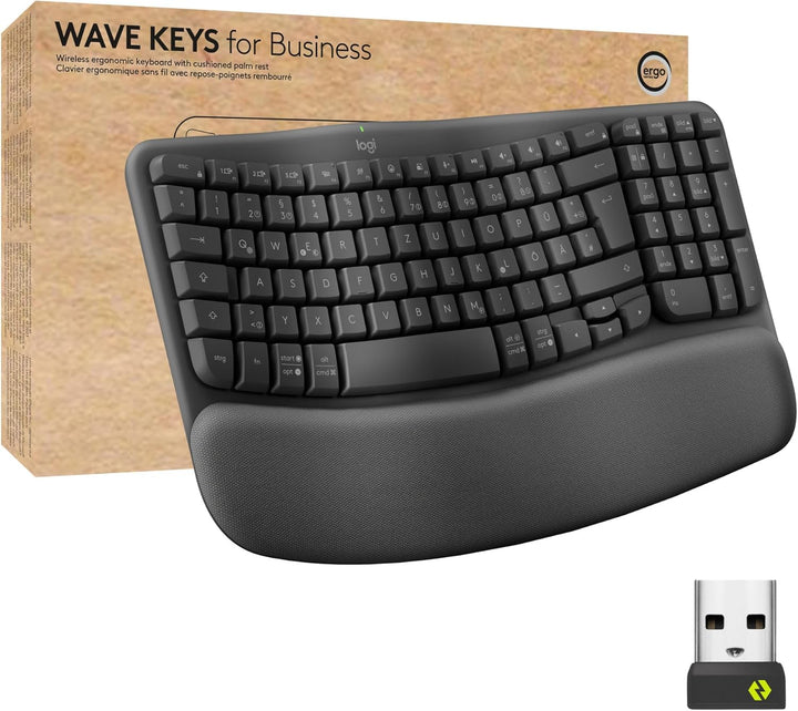 Logitech Wave Keys for Business, kabellose ergonomische Tastatur mit gepolsterter Handballenauflage,