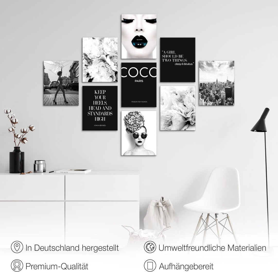 Novart Wandbilder Fashion - KOMPLETT AUFHÄNGFERTIG - Schwarz Weiss Wohnzimmer Mädchen Teenager- 9 Mo
